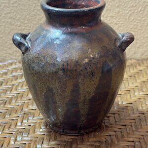 Vintage Rustic Earthenware Vase With Two Handles Hand Stamped Bottom 5.5" Tall
